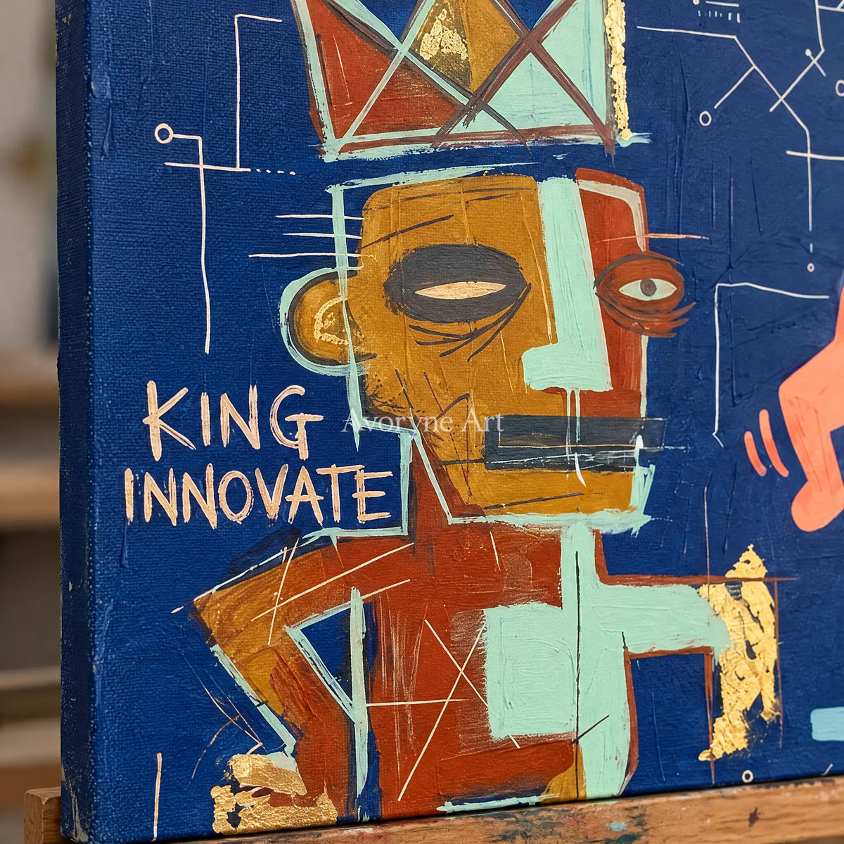 Close-up of the hand-painted texture of Soft Solace graffiti figure wall art on an easel