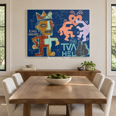Soft Solace graffiti figure wall art with a white frame in a dining room