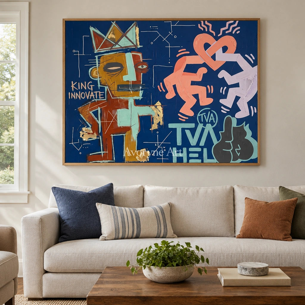 Soft Solace graffiti figure wall art with a wood frame in a villa living space