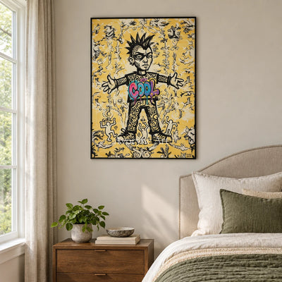 Hidden Reverie graffiti figure wall art with a black frame above a bed in a bedroom