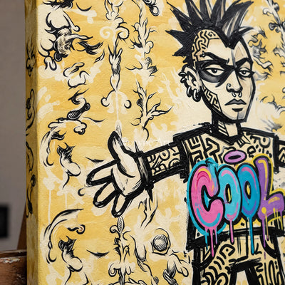 Close-up of the hand-painted texture of Hidden Reverie graffiti figure wall art on an easel