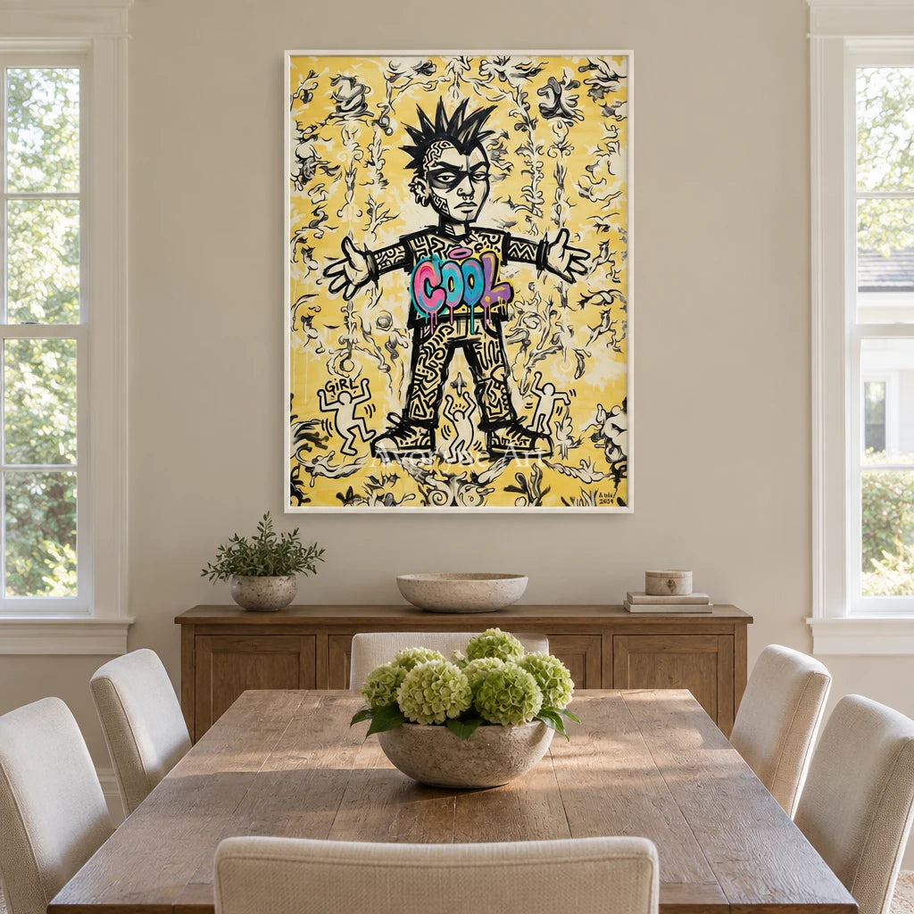 Hidden Reverie graffiti figure wall art with a white frame in a dining room