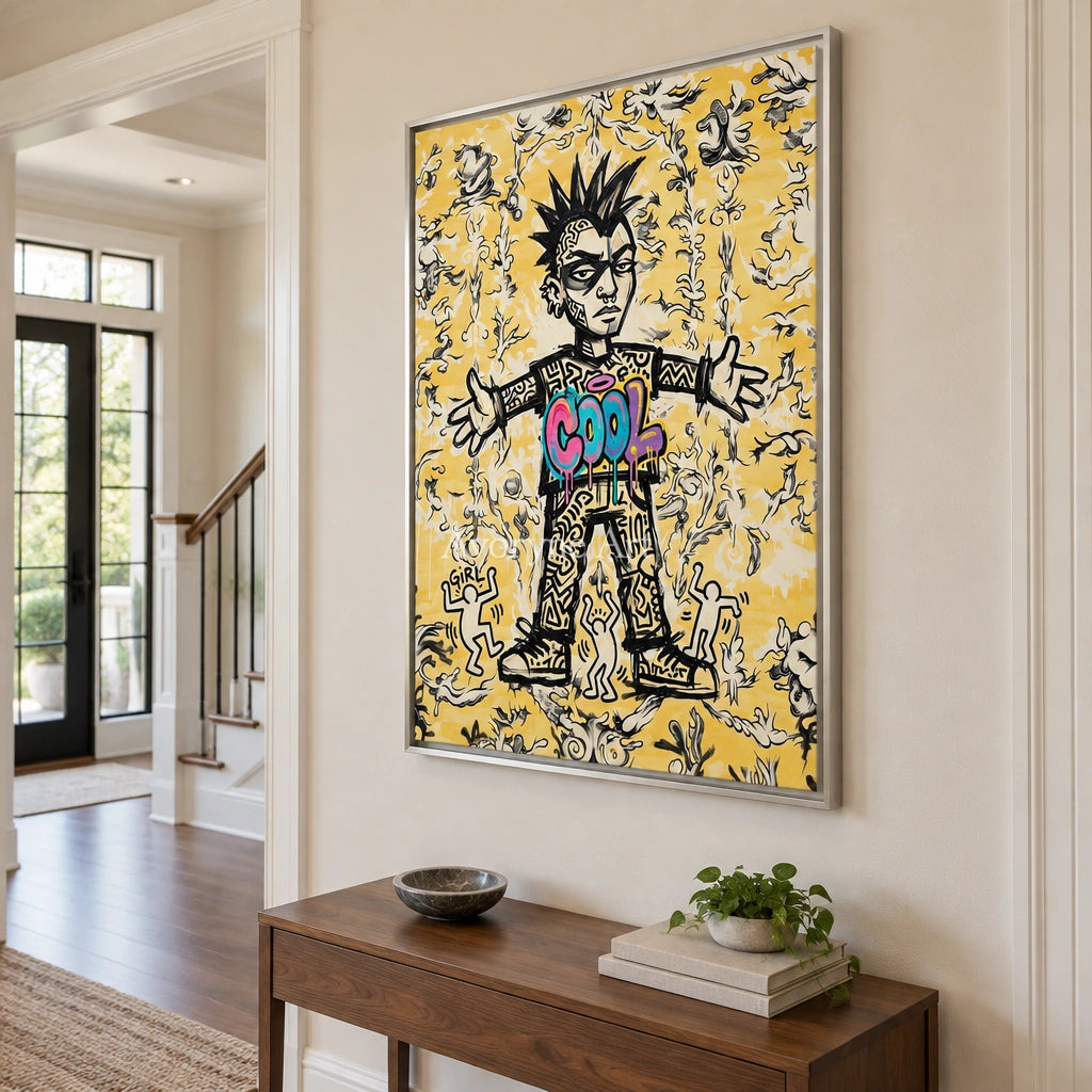 Hidden Reverie graffiti figure wall art with a silver frame in an entryway