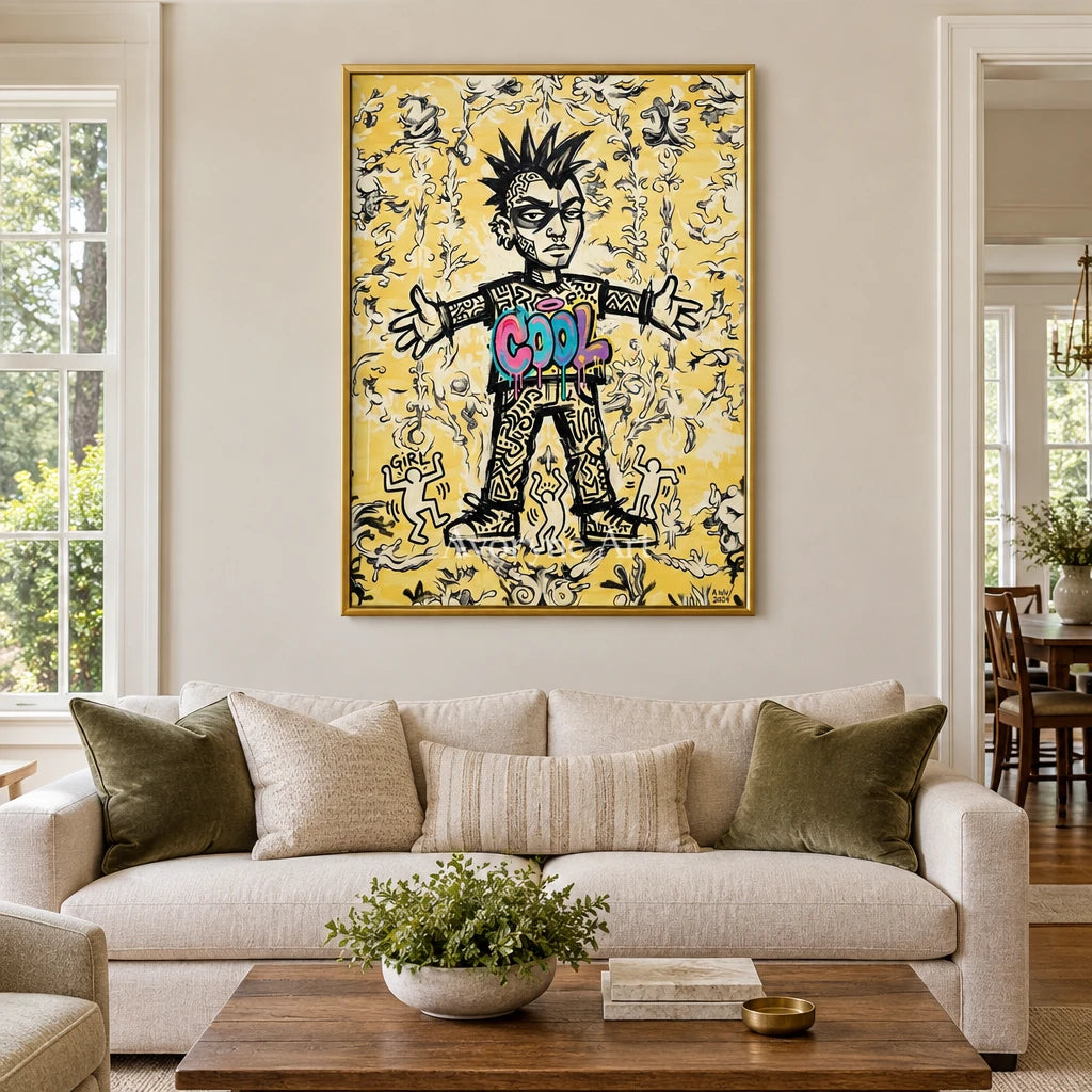 Hidden Reverie graffiti figure wall art with a gold frame hanging in a living room
