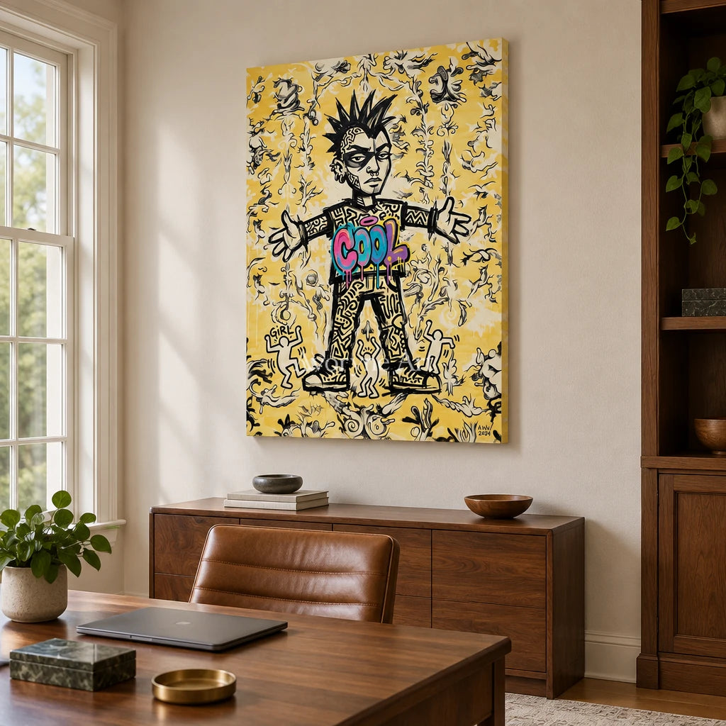 Hidden Reverie graffiti figure wall art as a frameless stretched canvas in a home office