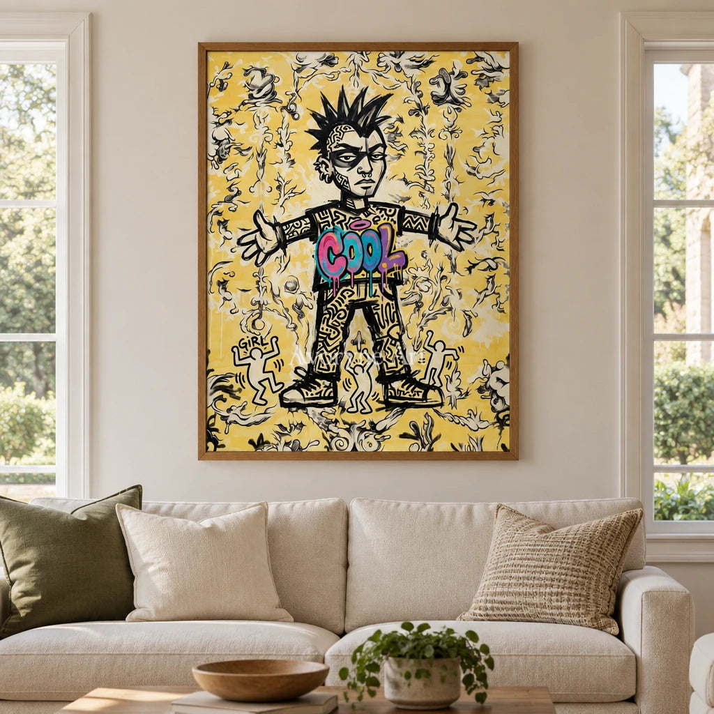 Hidden Reverie graffiti figure wall art with a wood frame in a villa living space