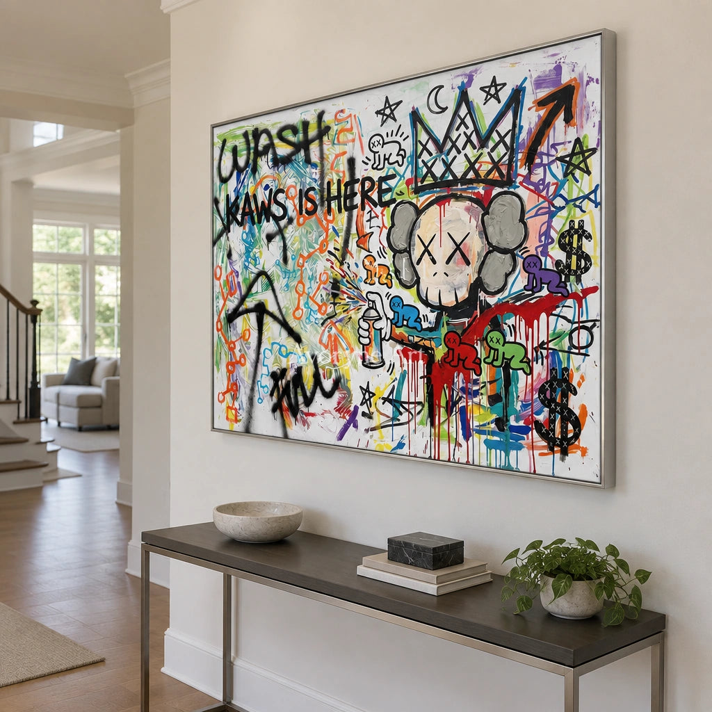 Hidden Interval graffiti figure wall art with a silver frame in an entryway