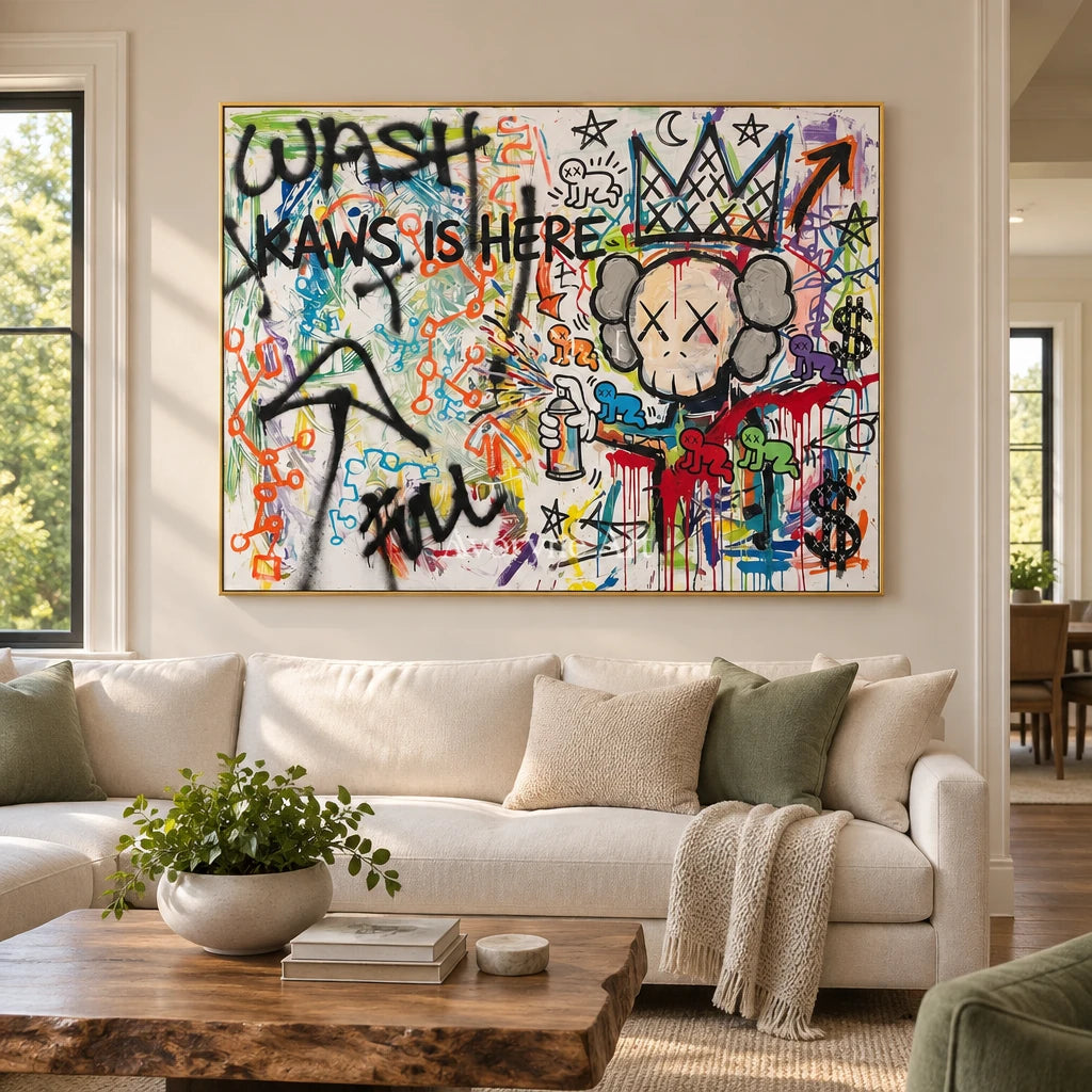 Hidden Interval graffiti figure wall art with a gold frame hanging in a living room
