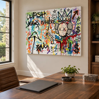 Hidden Interval graffiti figure wall art as a frameless stretched canvas in a home office
