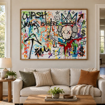 Hidden Interval graffiti figure wall art with a wood frame in a villa living space