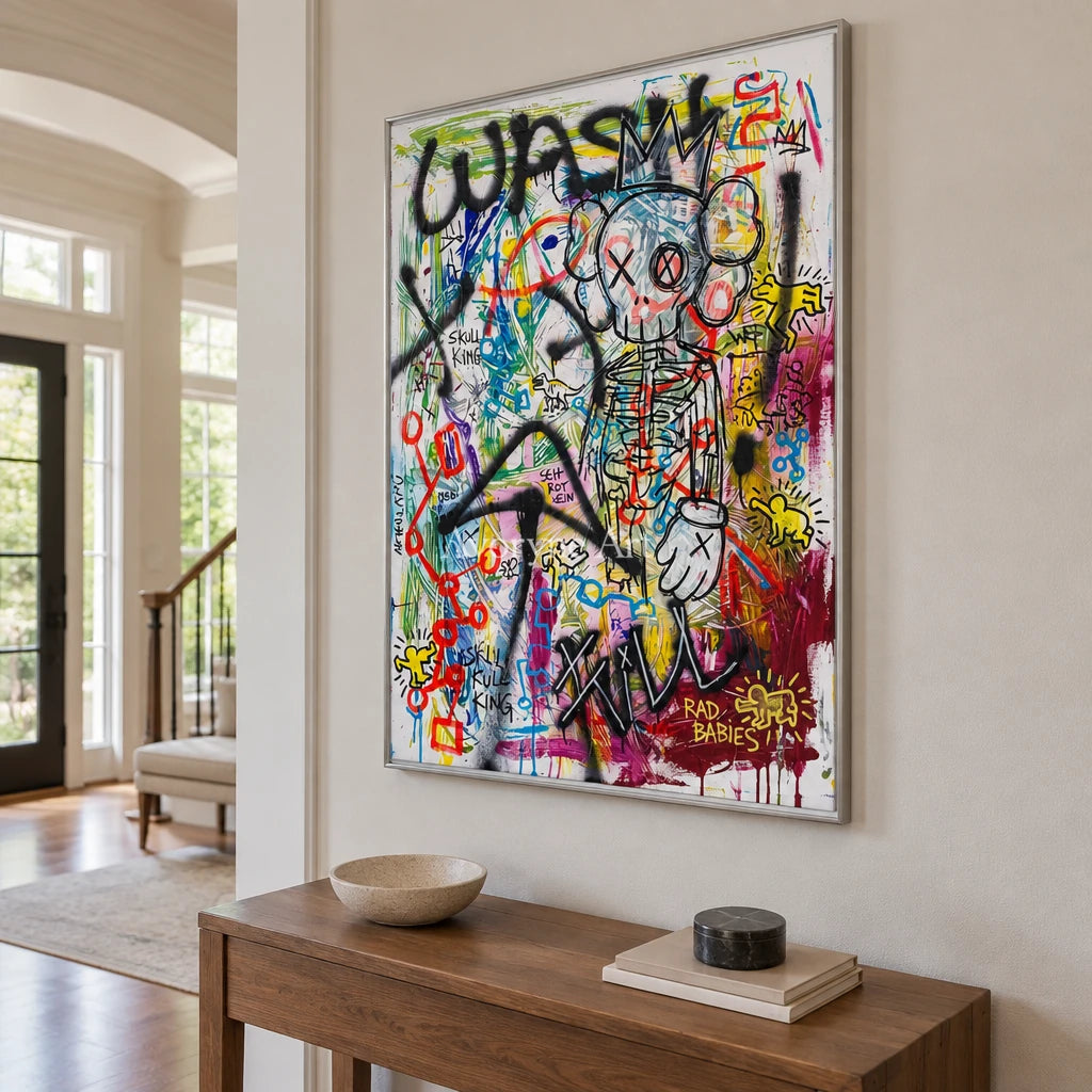 Hidden Echo graffiti figure wall art with a silver frame in an entryway