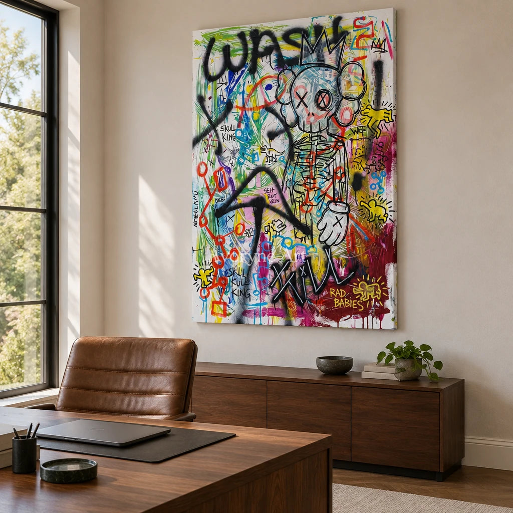 Hidden Echo graffiti figure wall art as a frameless stretched canvas in a home office