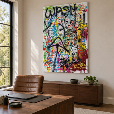 Hidden Echo graffiti figure wall art as a frameless stretched canvas in a home office