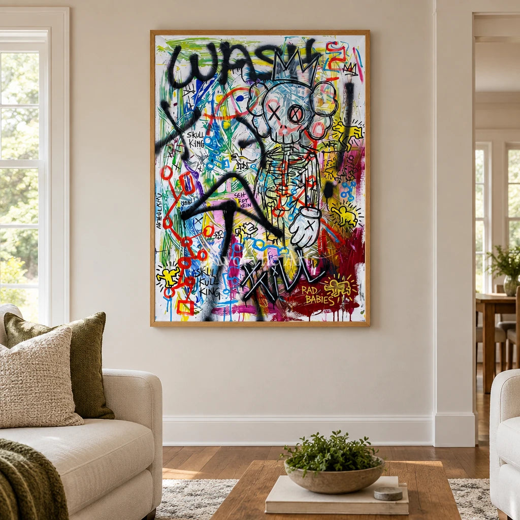 Hidden Echo graffiti figure wall art with a wood frame in a villa living space