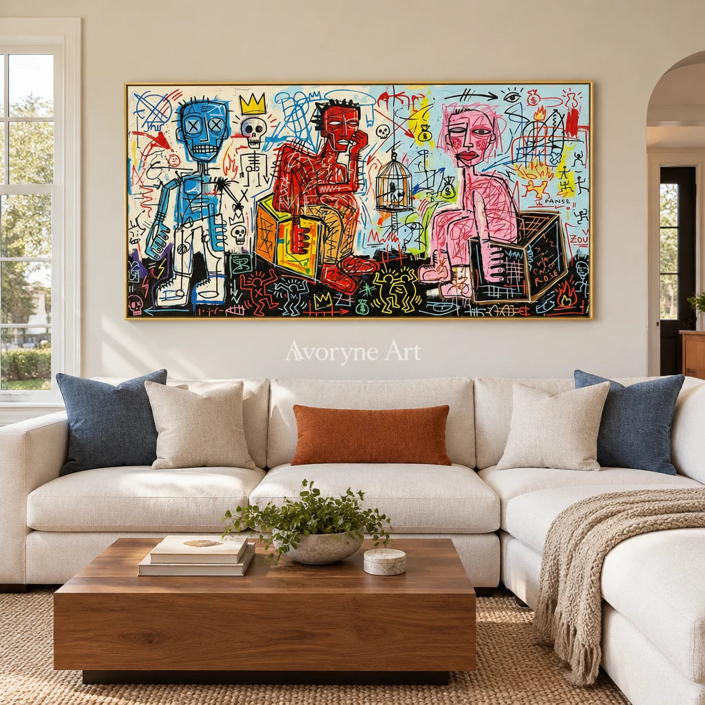 Hidden Rhythm graffiti figure wall art with a gold frame hanging in a living room