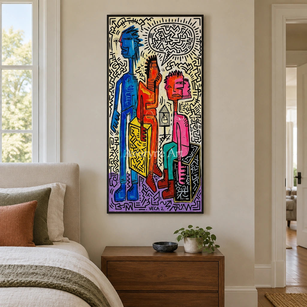 Hidden Horizon graffiti figure wall art with a black frame above a bed in a bedroom