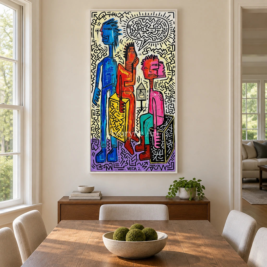 Hidden Horizon graffiti figure wall art with a white frame in a dining room