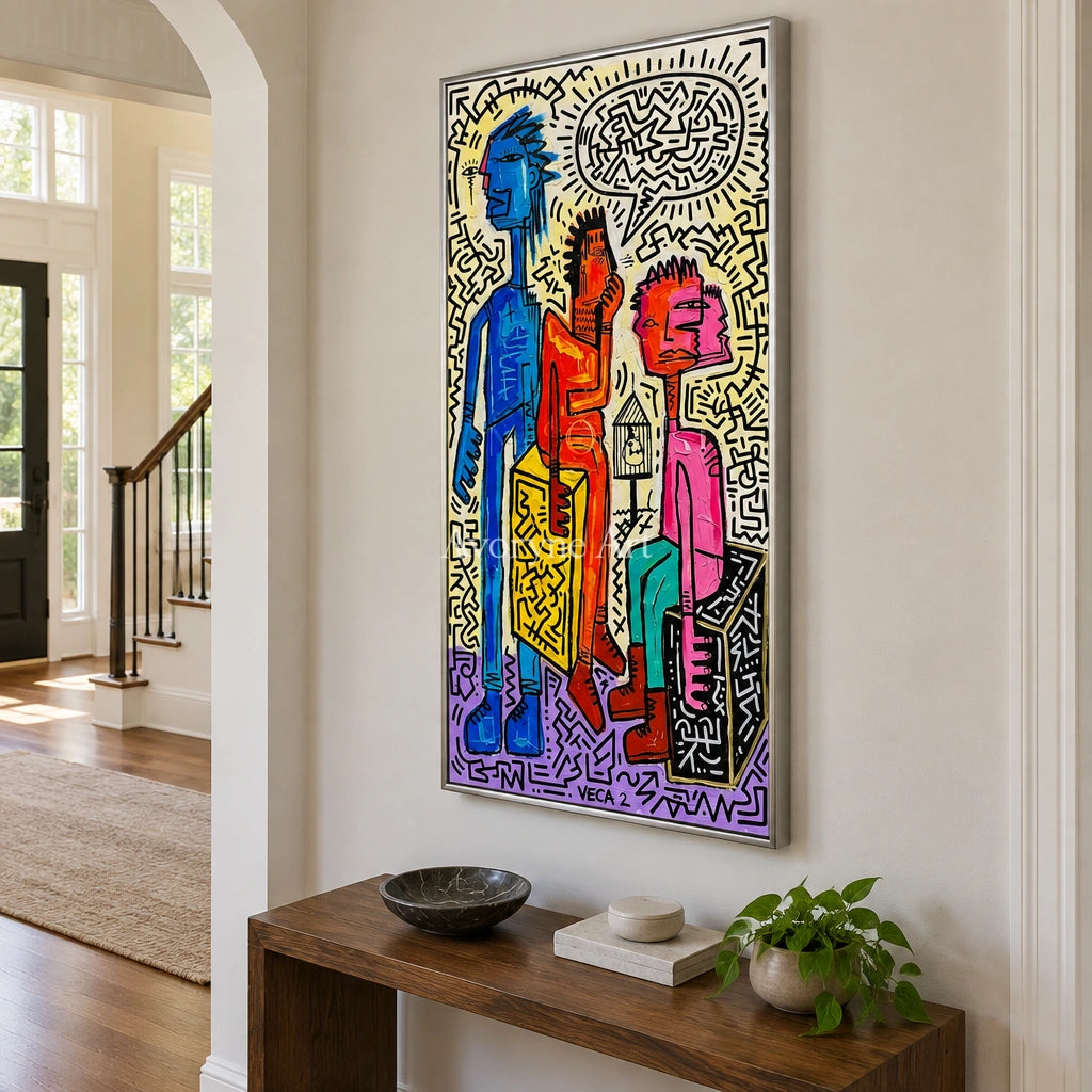 Hidden Horizon graffiti figure wall art with a silver frame in an entryway