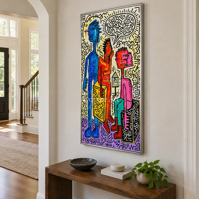Hidden Horizon graffiti figure wall art with a silver frame in an entryway