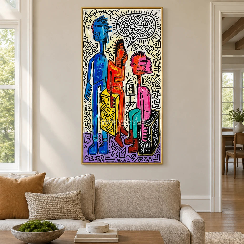 Hidden Horizon graffiti figure wall art with a gold frame hanging in a living room