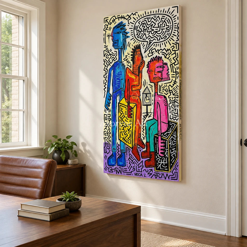 Hidden Horizon graffiti figure wall art as a frameless stretched canvas in a home office