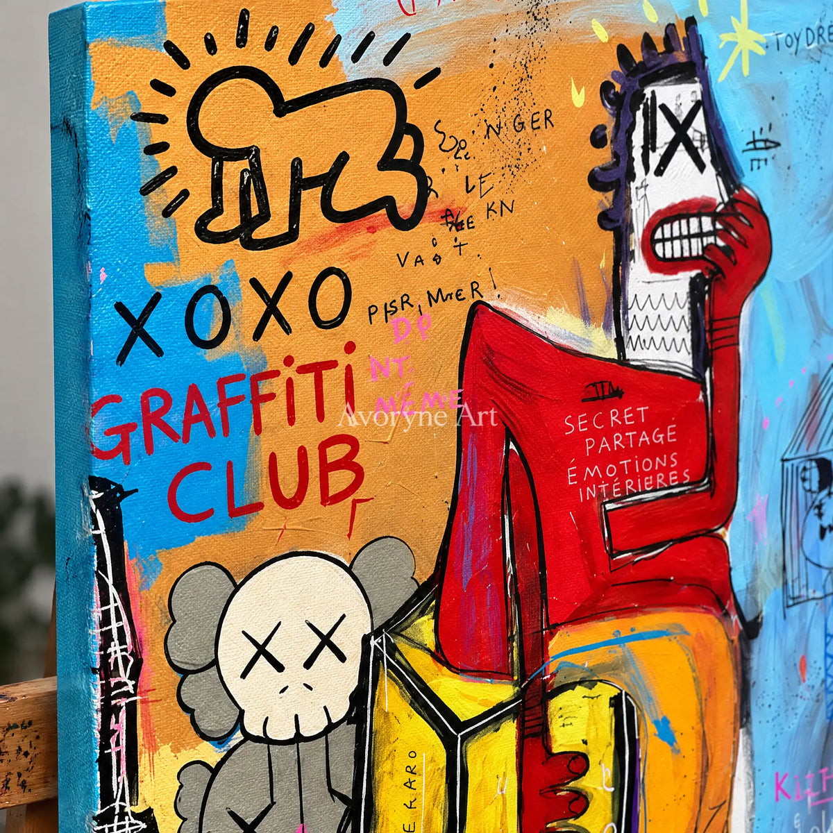 Close-up of the hand-painted texture of Hidden Gesture graffiti figure wall art on an easel