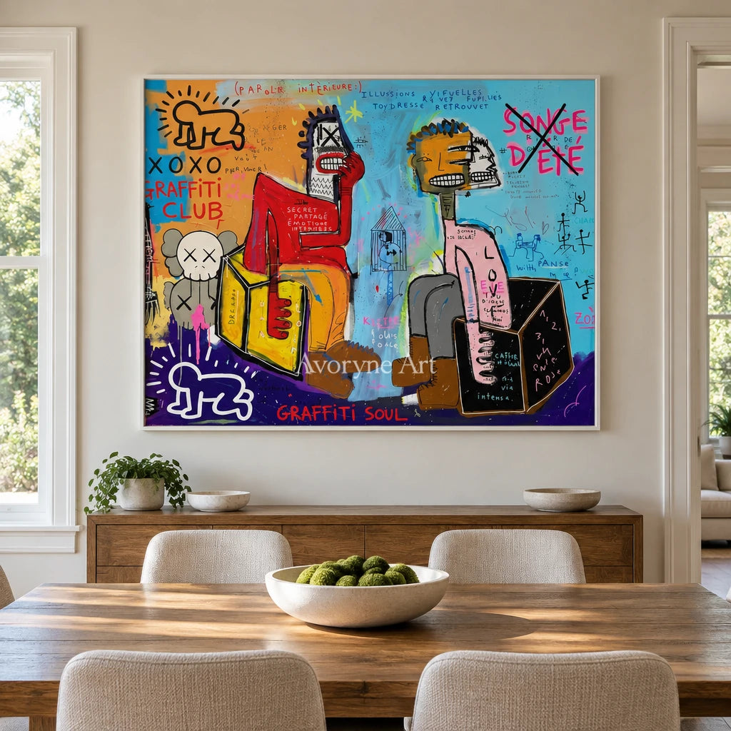 Hidden Gesture graffiti figure wall art with a white frame in a dining room