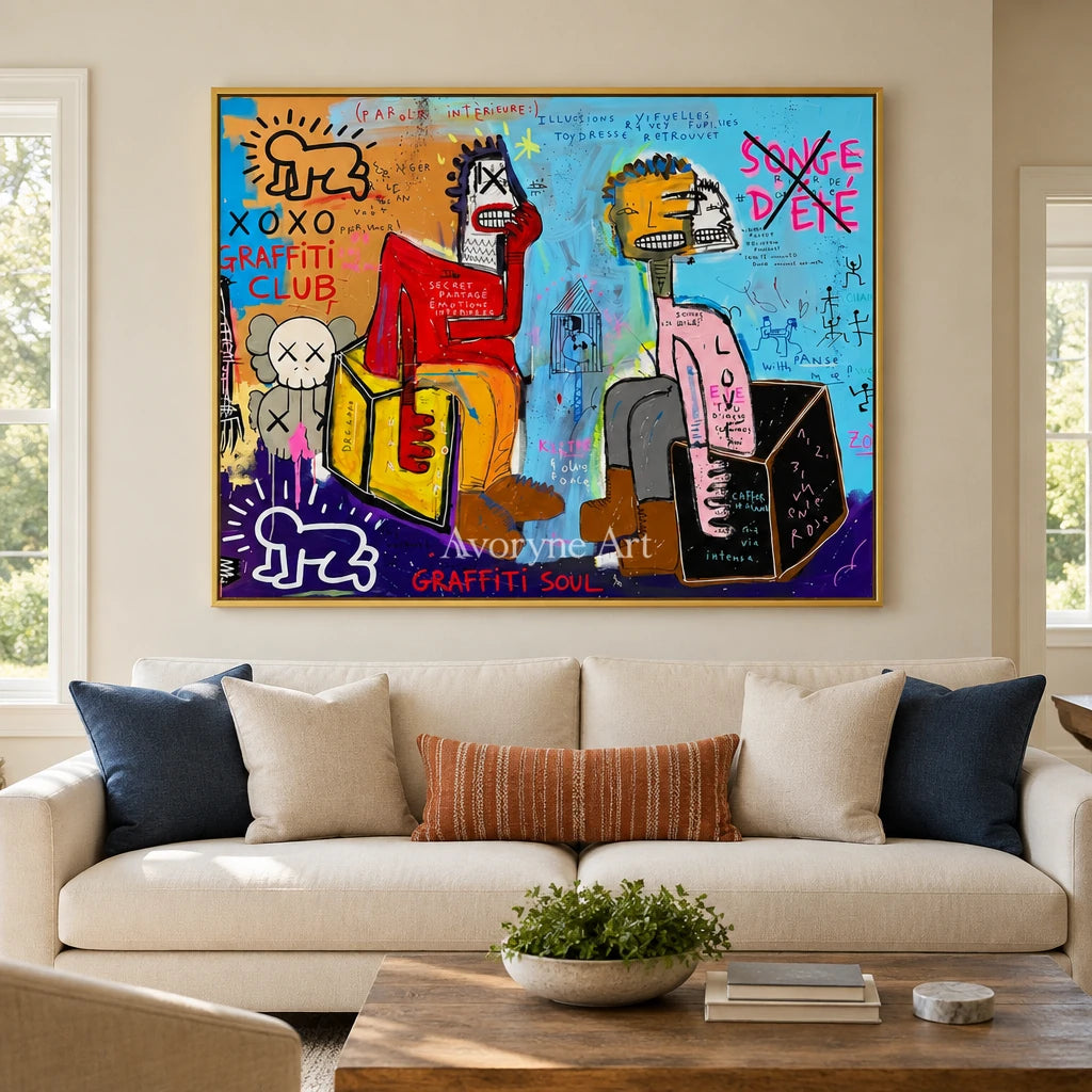 Hidden Gesture graffiti figure wall art with a gold frame hanging in a living room