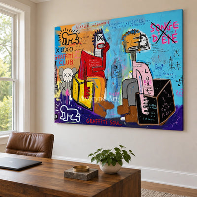 Hidden Gesture graffiti figure wall art as a frameless stretched canvas in a home office