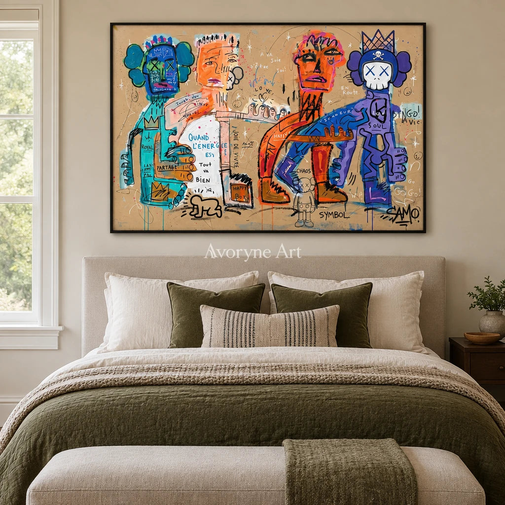 Hidden Mosaic graffiti figure wall art with a black frame above a bed in a bedroom