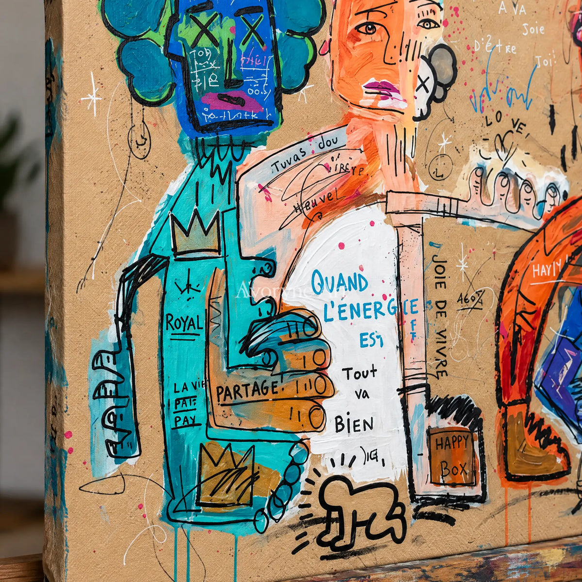 Close-up of the hand-painted texture of Hidden Mosaic graffiti figure wall art on an easel