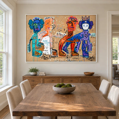 Hidden Mosaic graffiti figure wall art with a white frame in a dining room