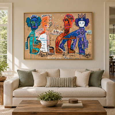 Hidden Mosaic graffiti figure wall art with a gold frame hanging in a living room