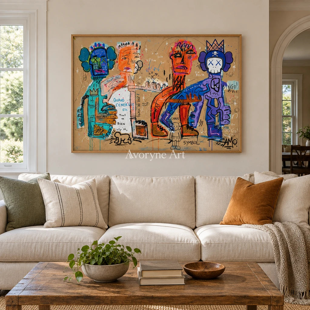 Hidden Mosaic graffiti figure wall art with a wood frame in a villa living space