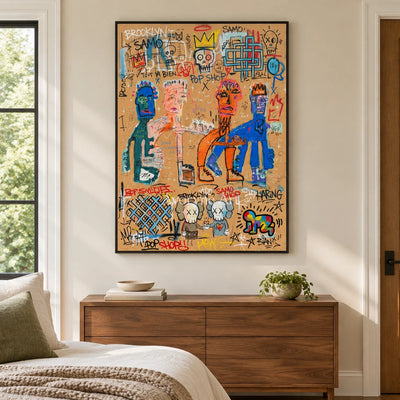 Hidden Drift graffiti figure wall art with a black frame above a bed in a bedroom