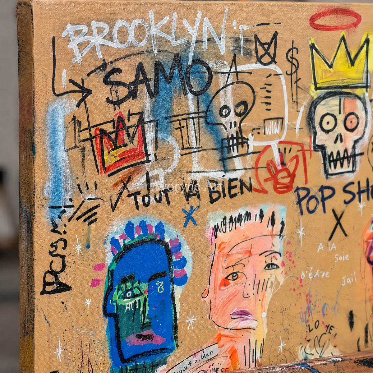 Close-up of the hand-painted texture of Hidden Drift graffiti figure wall art on an easel