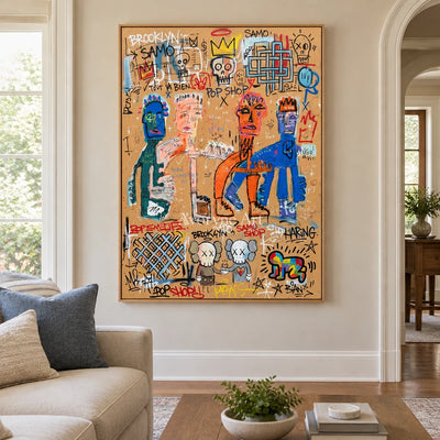 Hidden Drift graffiti figure wall art with a wood frame in a villa living space
