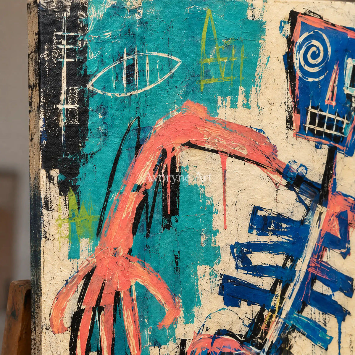 Close-up of the hand-painted texture of Hidden Solace graffiti figure wall art on an easel