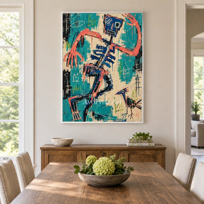 Hidden Solace graffiti figure wall art with a white frame in a dining room