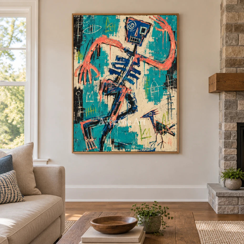 Hidden Solace graffiti figure wall art with a wood frame in a villa living space