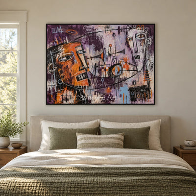 Hidden Reverberation graffiti figure wall art with a black frame above a bed in a bedroom