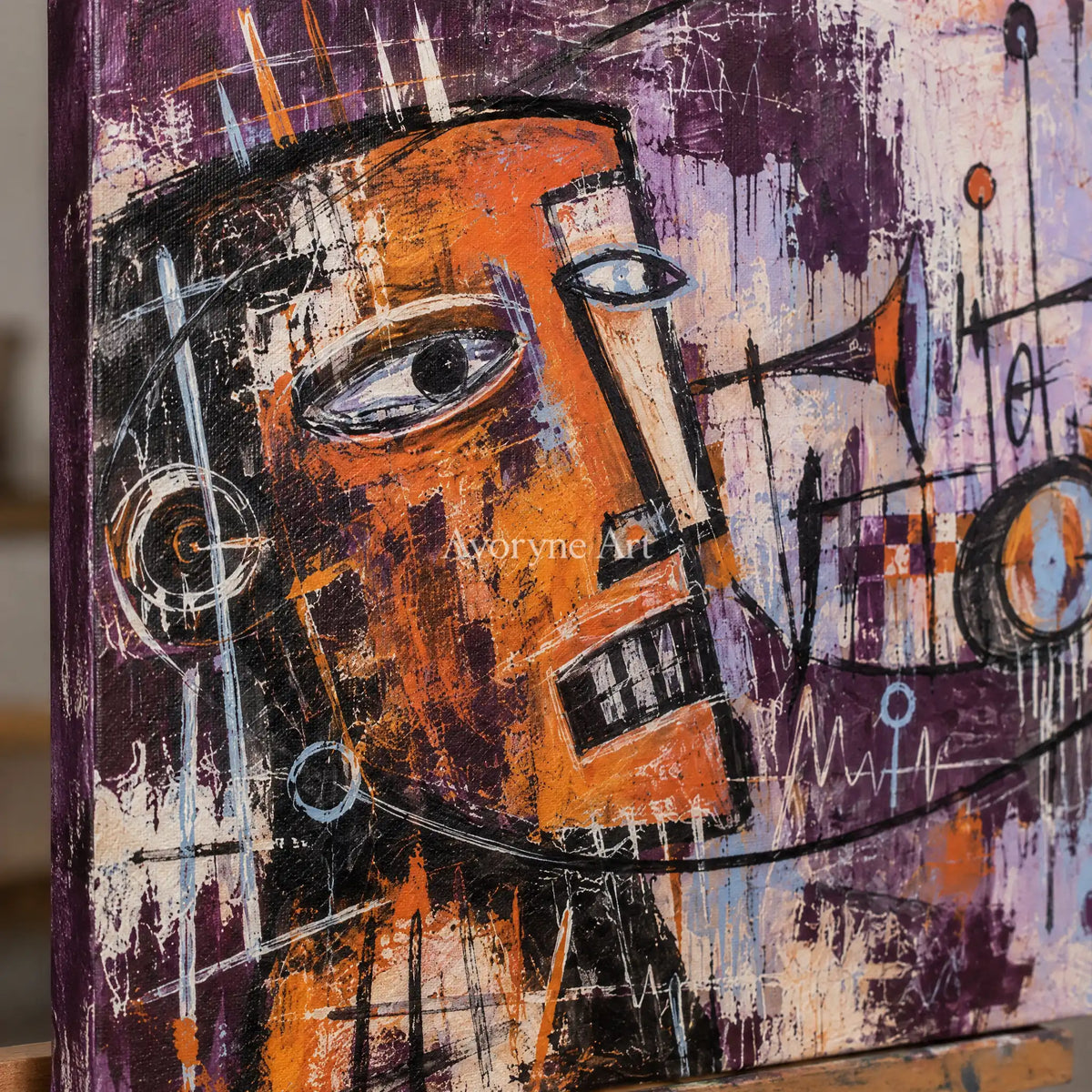 Close-up of the hand-painted texture of Hidden Reverberation graffiti figure wall art on an easel