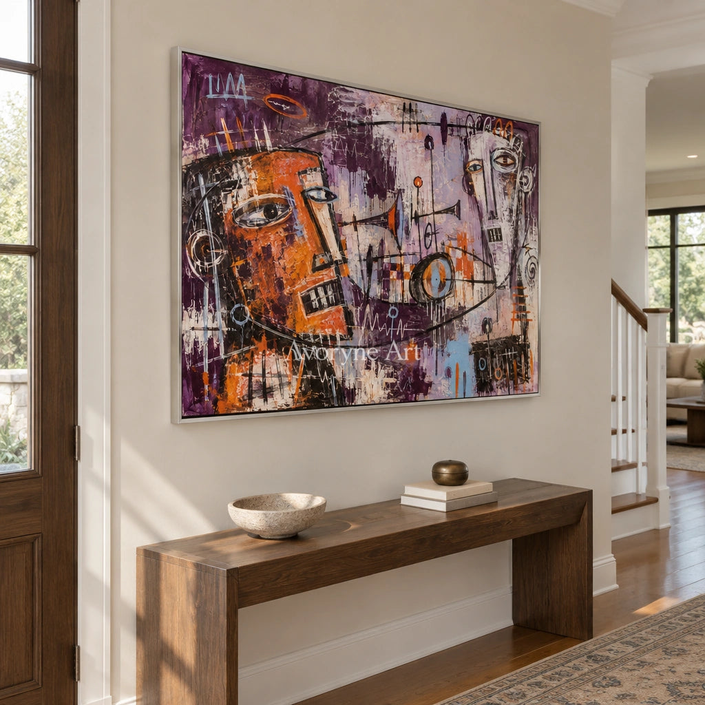 Hidden Reverberation graffiti figure wall art with a silver frame in an entryway