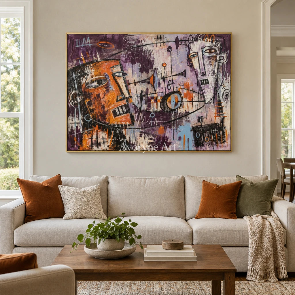 Hidden Reverberation graffiti figure wall art with a gold frame hanging in a living room