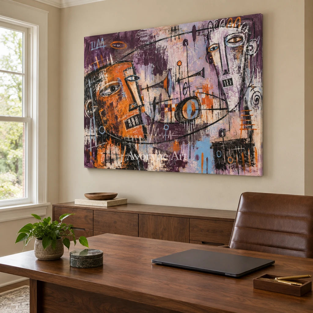 Hidden Reverberation graffiti figure wall art as a frameless stretched canvas in a home office