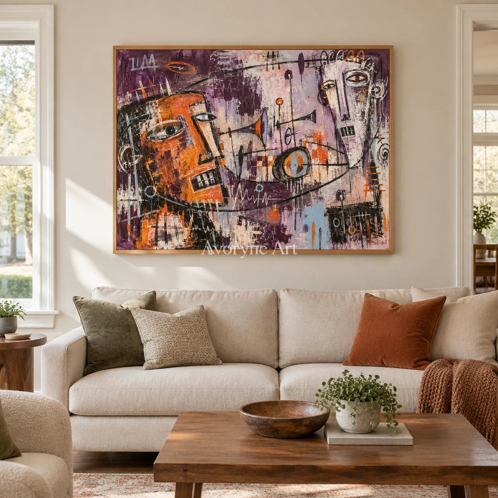 Hidden Reverberation graffiti figure wall art with a wood frame in a villa living space