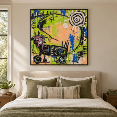 Hidden Dialogue graffiti figure wall art with a black frame above a bed in a bedroom