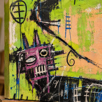 Close-up of the hand-painted texture of Hidden Dialogue graffiti figure wall art on an easel