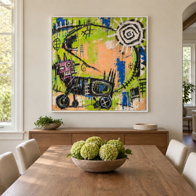Hidden Dialogue graffiti figure wall art with a white frame in a dining room