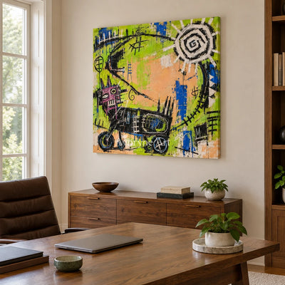 Hidden Dialogue graffiti figure wall art as a frameless stretched canvas in a home office